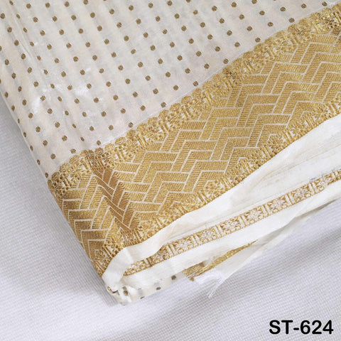 Pure Silk Brocade Fabric by Yard, Ivory Gold Zari Border, Wedding Costume Home Decor