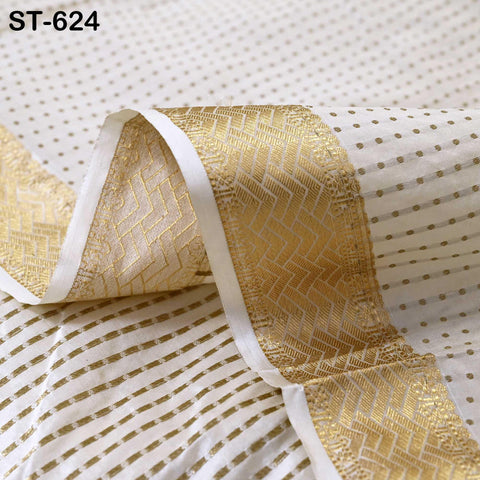 Pure Silk Brocade Fabric by Yard, Ivory Gold Zari Border, Wedding Costume Home Decor