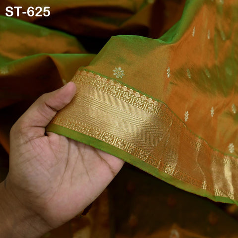 Pure Silk Brocade Fabric by Yard, Two-Tone Gold Zari Border, Wedding Costume Home Decor