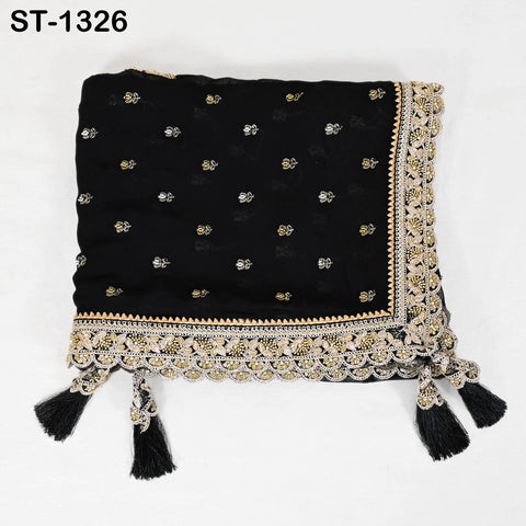 Black Georgette Dupatta with Hand-Beaded Embroidery and Tassels – Bridal Veil Scarf