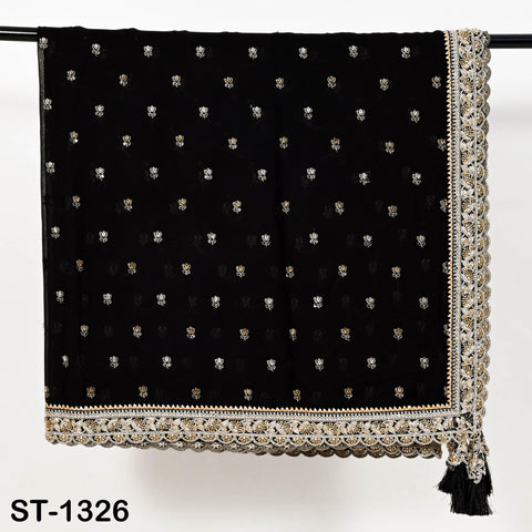 Black Georgette Dupatta with Hand-Beaded Embroidery and Tassels – Bridal Veil Scarf