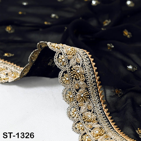 Black Georgette Dupatta with Hand-Beaded Embroidery and Tassels – Bridal Veil Scarf