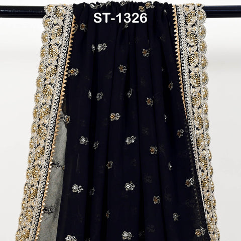 Black Georgette Dupatta with Hand-Beaded Embroidery and Tassels – Bridal Veil Scarf
