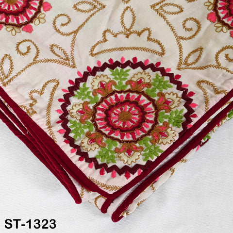 Embroidered Cotton Shawl Dupatta – Beige Designer Wrap with Embroidery Mandala Design for Wedding, Bridal, Partywear