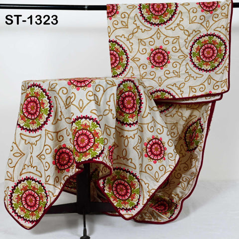 Embroidered Cotton Shawl Dupatta – Beige Designer Wrap with Embroidery Mandala Design for Wedding, Bridal, Partywear