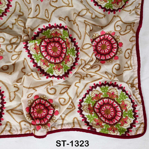 Embroidered Cotton Shawl Dupatta – Beige Designer Wrap with Embroidery Mandala Design for Wedding, Bridal, Partywear