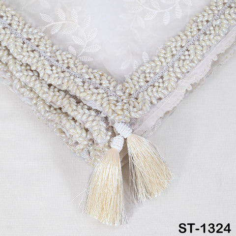 White Organza Dupatta with Faux Pearls, Bridal Wedding Lehenga Chunni Veil