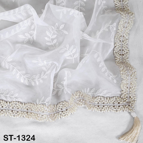 White Organza Dupatta with Faux Pearls, Bridal Wedding Lehenga Chunni Veil