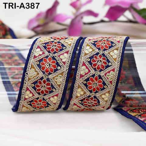 Embroidered Zari Sequin Sari Border Trim: Royal Blue Indian Craft Ribbon (9 Yard) 1.8 inches wide