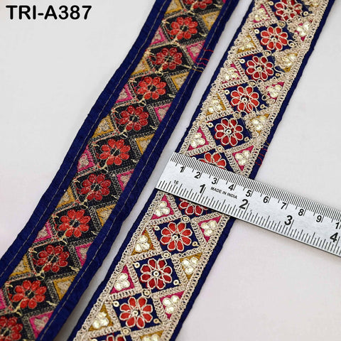 Embroidered Zari Sequin Sari Border Trim: Royal Blue Indian Craft Ribbon (9 Yard) 1.8 inches wide