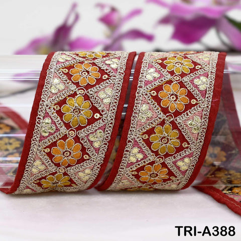 Embroidered Zari Sequin Sari Border Trim: Red Indian Craft Ribbon (9 Yard) 1.8 inches