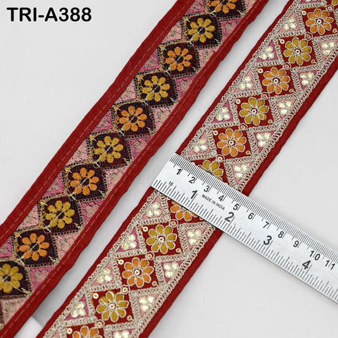 Embroidered Zari Sequin Sari Border Trim: Red Indian Craft Ribbon (9 Yard) 1.8 inches