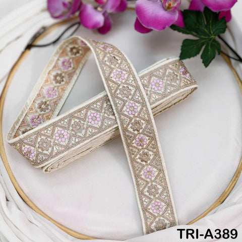 Embroidered Zari Sequin Sari Border Trim: Ivory Indian Craft Ribbon (9 Yard) 1.8 inches