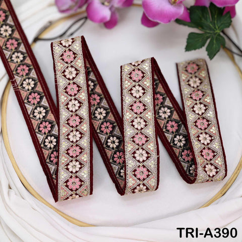 Embroidered Trim Zari Sequin Sari Border: Maroon Indian Craft Ribbon (9 Yard) 1.8 inches