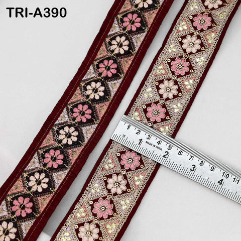Embroidered Trim Zari Sequin Sari Border: Maroon Indian Craft Ribbon (9 Yard) 1.8 inches