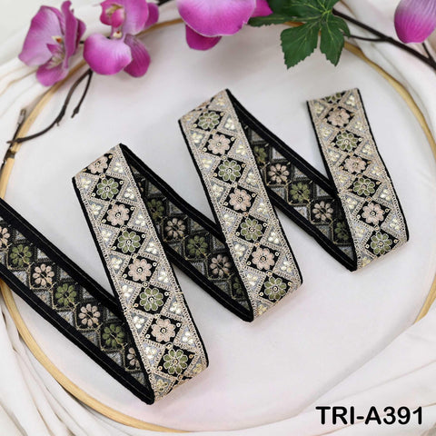 Embroidered Trim Zari Sequin Sari Border: Black Indian Craft Ribbon (9 Yard) 1.8 inches
