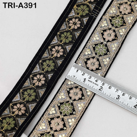 Embroidered Trim Zari Sequin Sari Border: Black Indian Craft Ribbon (9 Yard) 1.8 inches