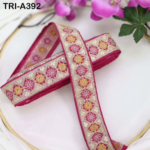 Embroidered Zari Sequin Sari Border Trim: Magenta Indian Craft Ribbon (9 Yard) 1.8 inches
