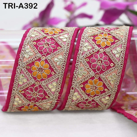 Embroidered Zari Sequin Sari Border Trim: Magenta Indian Craft Ribbon (9 Yard) 1.8 inches