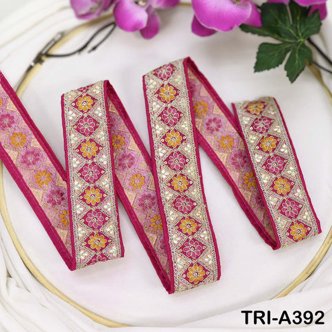 Embroidered Zari Sequin Sari Border Trim: Magenta Indian Craft Ribbon (9 Yard) 1.8 inches
