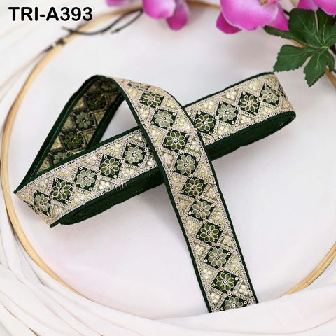 Embroidered Trim Zari Sequin Sari Border: Green Indian Craft Ribbon (9 Yard) 1.8 inches
