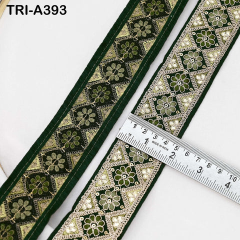Embroidered Trim Zari Sequin Sari Border: Green Indian Craft Ribbon (9 Yard) 1.8 inches