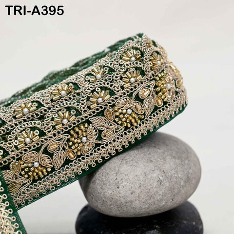 Green Indian Beaded Trim Ribbon – 9-yard Gold Zari Embroidery Sari Border (5cm) for Bridal Dresses and Costumes