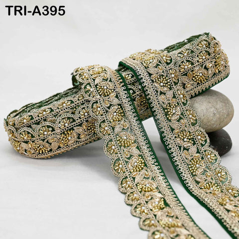 Green Indian Beaded Trim Ribbon – 9-yard Gold Zari Embroidery Sari Border (5cm) for Bridal Dresses and Costumes