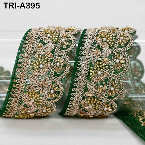 Green Indian Beaded Trim Ribbon – 9-yard Gold Zari Embroidery Sari Border (5cm) for Bridal Dresses and Costumes