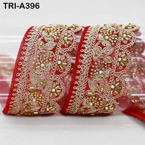 Red Indian Beaded Trim Ribbon – 9-Yard Gold Zari Embroidery Sari Border (5cm)