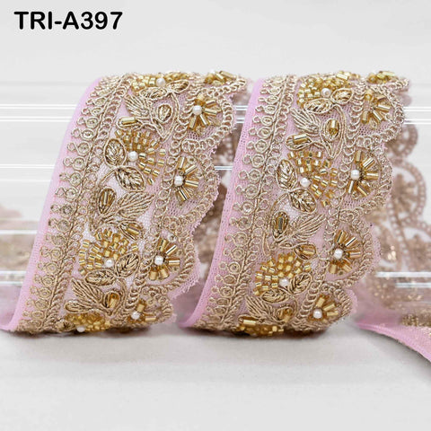Pink Indian Beaded Trim Ribbon – 9-Yard Gold Zari Embroidery Sari Border (5cm)