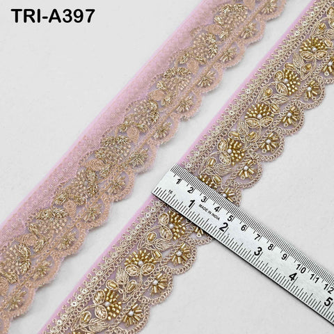 Pink Indian Beaded Trim Ribbon – 9-Yard Gold Zari Embroidery Sari Border (5cm)