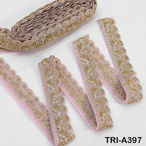 Pink Indian Beaded Trim Ribbon – 9-Yard Gold Zari Embroidery Sari Border (5cm)
