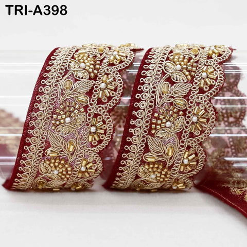 Maroon Indian Beaded Trim Ribbon – 9-Yard Gold Zari Embroidery Sari Border (5cm)