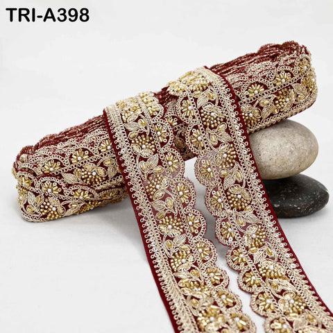 Maroon Indian Beaded Trim Ribbon – 9-Yard Gold Zari Embroidery Sari Border (5cm)