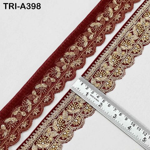 Maroon Indian Beaded Trim Ribbon – 9-Yard Gold Zari Embroidery Sari Border (5cm)