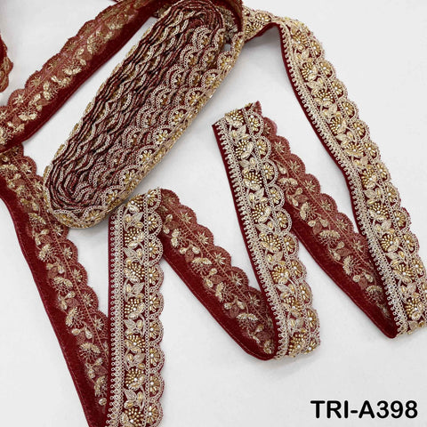 Maroon Indian Beaded Trim Ribbon – 9-Yard Gold Zari Embroidery Sari Border (5cm)