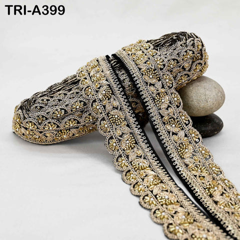 Black Indian Beaded Trim Ribbon – 9-Yard Gold Zari Embroidery Sari Border (5cm)