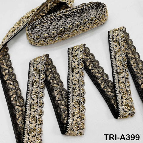 Black Indian Beaded Trim Ribbon – 9-Yard Gold Zari Embroidery Sari Border (5cm)