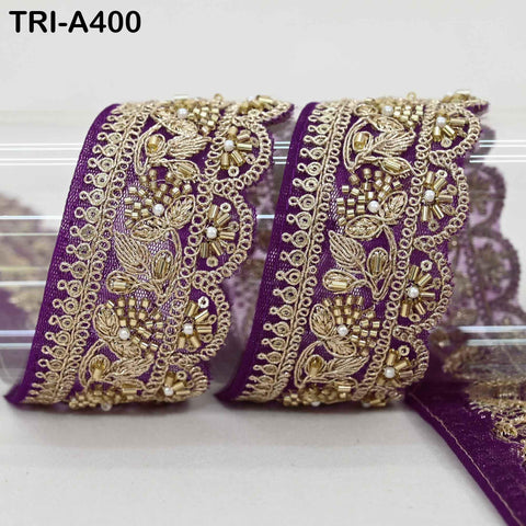 Purple Indian Beaded Trim Ribbon – 9-yard Gold Zari Embroidery Sari Border (5cm)