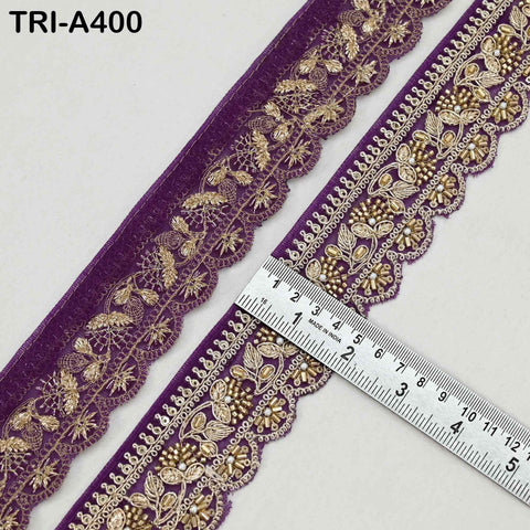 Purple Indian Beaded Trim Ribbon – 9-yard Gold Zari Embroidery Sari Border (5cm)