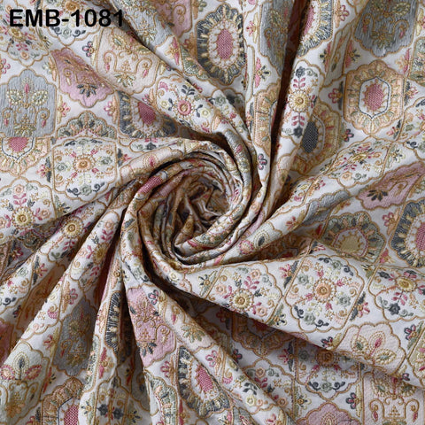 Off White Viscose Dupioni Fabric with Pastel Embroidery – By the Yard Sewing Crafting Textiles