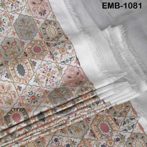 Off White Viscose Dupioni Fabric with Pastel Embroidery – By the Yard Sewing Crafting Textiles
