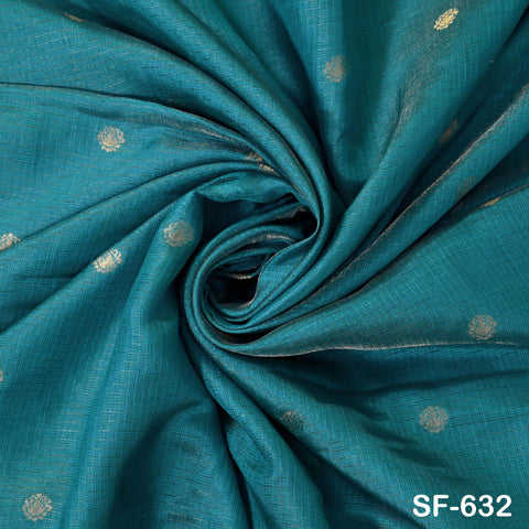 Pure Mysore Silk Fabric by Yard, Teal Gold Zari Buttie Indian Wedding Dress Material