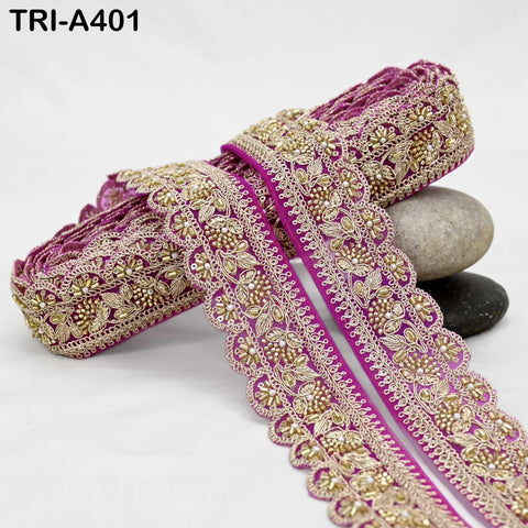 Magenta Indian Beaded Trim Ribbon – Gold Zari Embroidery Sari Border (5cm) 9-yard Wedding Dupatta Dress Costumes