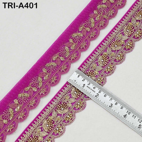 Magenta Indian Beaded Trim Ribbon – Gold Zari Embroidery Sari Border (5cm) 9-yard Wedding Dupatta Dress Costumes