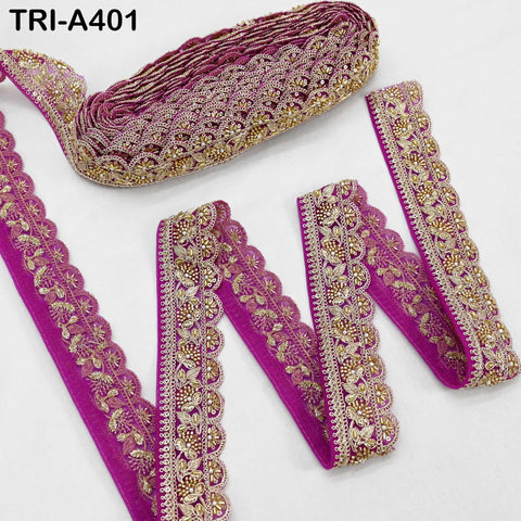 Magenta Indian Beaded Trim Ribbon – Gold Zari Embroidery Sari Border (5cm) 9-yard Wedding Dupatta Dress Costumes