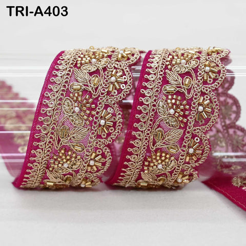 Dark Magenta Indian Beaded Trim Ribbon – Gold Zari Embroidery Sari Border (5cm) 9-yard Wedding Dupatta Dress Costumes