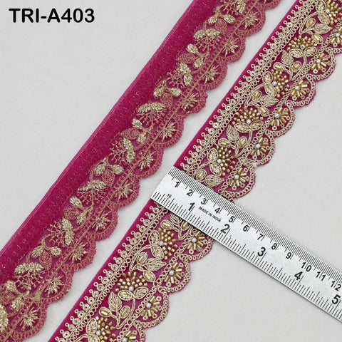 Dark Magenta Indian Beaded Trim Ribbon – Gold Zari Embroidery Sari Border (5cm) 9-yard Wedding Dupatta Dress Costumes