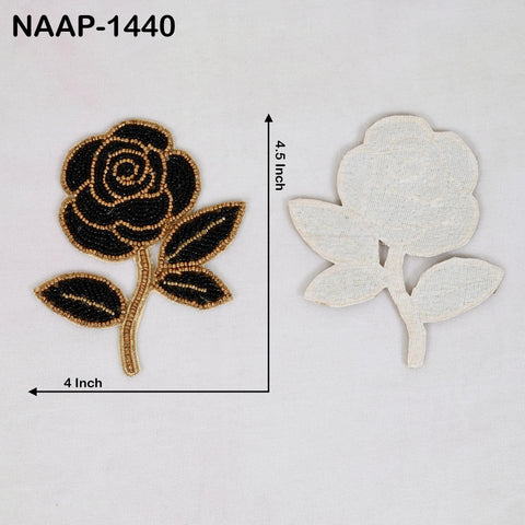 4 Hand Beaded Black & Gold Rose Patch, Embroidered Floral Applique, Sew-On Rose Motif for Jackets, Bags, Dress, Costumes, Halloween Festival